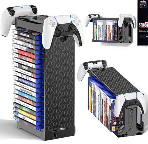 Torre de Almacenamiento de Videojuegos con Soporte para Mando, Soporte Juego para PS5/PS4/Xbox/NS 2, Organizador de Videojuegos para 20 Discos, Vertical & Horizontal Estantería Discos, Accesorio Juego