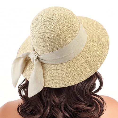 SAIIURV Sombrero de Panamá, Sombrero de Paja Clásico para Mujer, Gorra de Sol de Verano, UPF 50+, ala Ancha, Fedora, Verano Playa, Sombrero de Playa Plegable para Viajes Aire Libre Playa (Beige)
