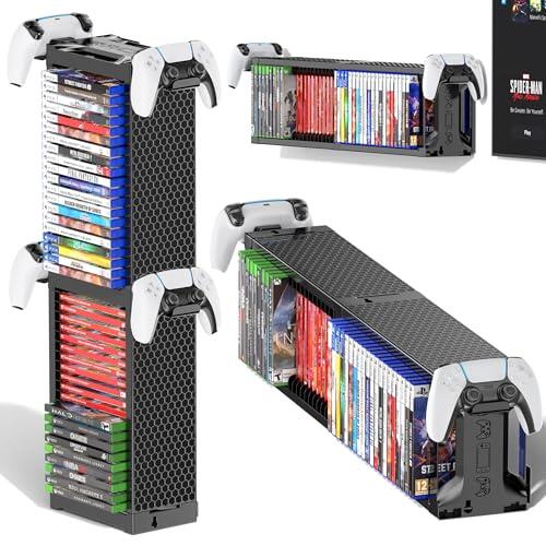 Torre de Almacenamiento de Videojuegos con Soporte para Mando, Soporte Juego para NS 2/PS5/PS4/Xbox, Organizador de Videojuegos para 40 Discos, Vertical & Horizontal Estantería Discos, Accesorio juego