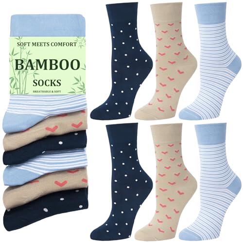 Cropgain 6 Pares de Calcetines de Bambú Premium para Mujer, Transpirables, con Estampado de Lunares y Corazones, Ideal Como Regalo.Color 5
