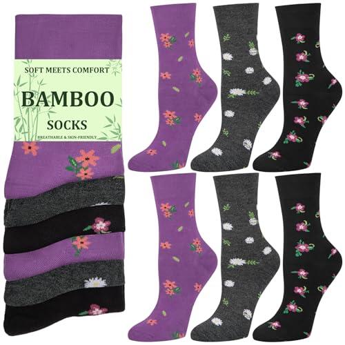 Cropgain 6 Pares de Calcetines de Bambú para Mujer, sin Costuras, Transpirables, con Estampado de Flores, Regalo para Mujer.Flor 2