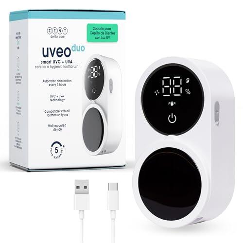 ZENT Uveo Duo Esterilizador Cepillo Dientes - Higienizador Cepillo Dientes | Desinfección Doble UV-C y UV-A - Montaje Sin Taladro - Esterilización Automática con Batería 50 Días - Pantalla HD