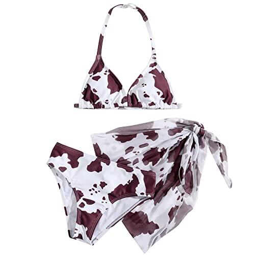 Generisch Bikini Niña Deporte 3 Piezas - Traje de baño con cordón Surf Bikini Top Adolescentes Tankini Niños con Faldas Patrón Floral Traje de Baño Playa Triángulo Protección UV Hawaii 8-14 años