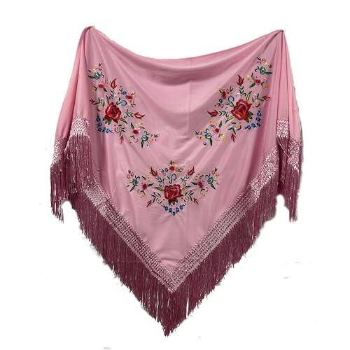MUNDDY - Manton Bordado en Flores Para Adulto. Mantones Flamenco Sevillana.Mantón para fiesta de Color Rojo Negro Rosa Blanco Amarillo Azul. Envio desde madrid (Rosa (B))