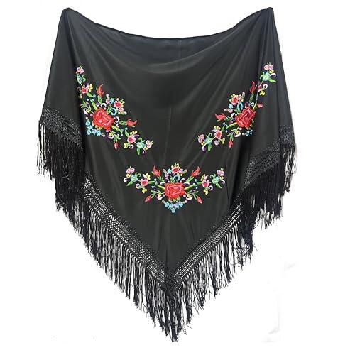 MUNDDY - Manton Bordado en Flores Para Adulto. Mantones Flamenco Sevillana.Mantón para fiesta de Color Rojo Negro Rosa Blanco Amarillo Azul. Envio desde madrid (Negro (B))