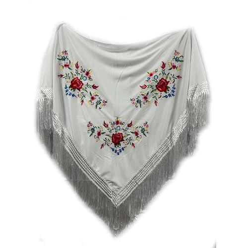MUNDDY - Manton Bordado en Flores Para Adulto. Mantones Flamenco Sevillana.Mantón para fiesta de Color Rojo Negro Rosa Blanco Amarillo Azul. Envio desde madrid (Blanco (B))