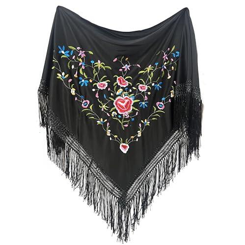 MUNDDY - Manton Bordado en Flores Para Adulto. Mantones Flamenco Sevillana.Mantón para fiesta de Color Rojo Negro Rosa Blanco Amarillo Azul. Envio desde madrid (Negro-Multicolor)