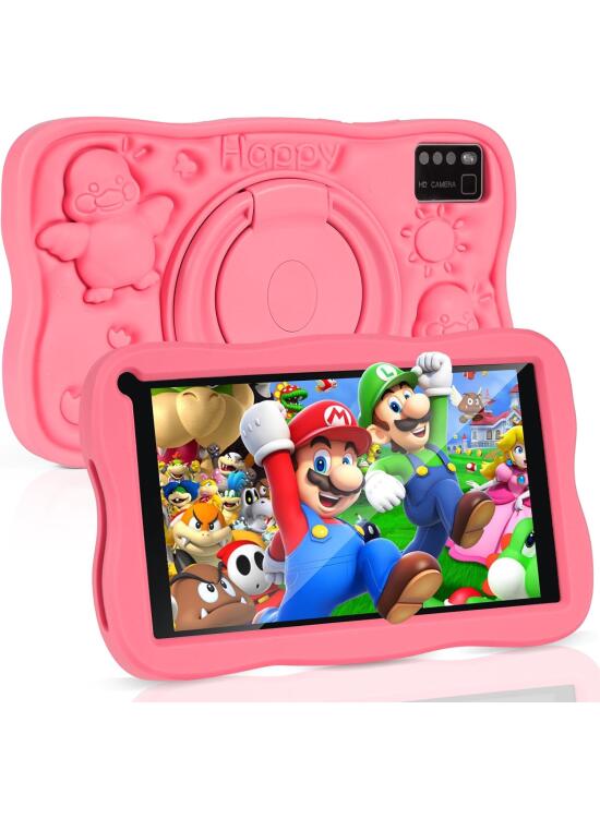 Newest Tablet Niños 7 Pulgadas, Android Tablet，8GB RAM 64GB ROM (mpliable 256 GB), GMS Certified, Pantalla IPS HD, Control Parental, Tableta educativa para niños con Funda EV(Rosa)