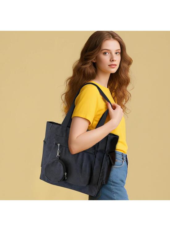 Bolsa de lona para mujer, bolso de mano casual versátil con cremallera para oficina, bolsa de viaje con bolsillo para monedas
