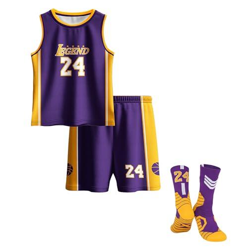 Hjshfue Camisetas de baloncesto para niños #24 de malla, sin mangas, camiseta sin mangas, calcetines cortos para niños y niñas, 3 piezas, uniformes de entrenamiento atlético