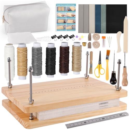 HomdMarket Kits de encuadernación de libros, prensa de libros de madera (11.8 x 7.6 pulgadas), suministros de encuadernación para libros de bricolaje, juego de herramientas de inicio con bolsa de