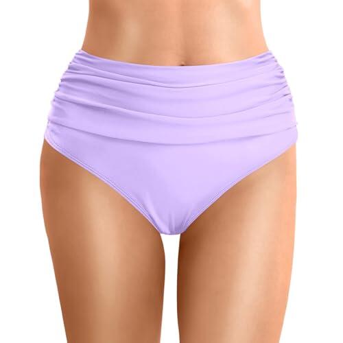 2025 Parte inferior de bikini de cintura alta con efecto de barriga fruncida para mujer, ropa de baño cómoda y elegante para playa o piscina, bragas de bikini para niñas, Color lila claro., M