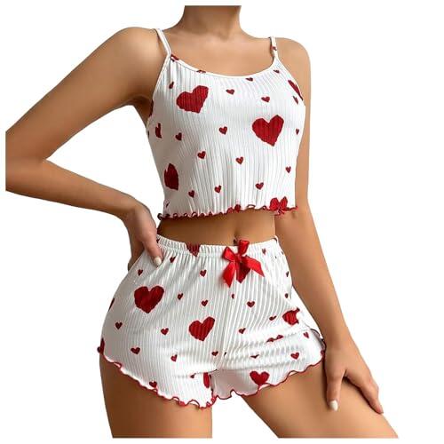 Gatamiau Pijamas Mujer Verano Corto con Estampado de Corazón Camiseta sin Mangas y Pantalones Cortos, Ropa de Dormir Sexy Conjunto de Pijama Suave y Cómodo Sleepwear Lindo (Blanco+Rojo, S)