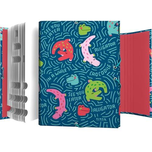 Grafoplas - Clasificador Escolar, Elena Corredoira Alligator, 12 Posiciones, Tamaño Folio, Cartón Plastificado Suave al Tacto, Certificado FSC, Perfecto para Clasificar Tu Material Escolar