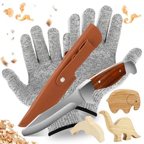 Zikenis Cuchillo de Tallar para Niños de 6 Años en Adelante, Navaja Pequeña Plegable para Niños con Funda y Guantes Anti-Corte – Juego de Cuchillos y Herramientas de Tallado