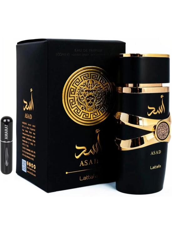 Lattafa Asad Eau de Parfum 100 ml, Perfume Árabe para Hombre de Larga Duración, Incluye Atomizador, Fragancia masculina árabe intensa ambarada especiada con vainilla tabaco y haba tonka (Asad)