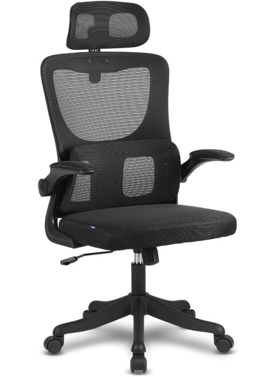 Offy Lyma - Silla de Oficina ergonómica, Cervical Ajustable, Respaldo en Malla, Transpirable, Reposabrazos movibles, 120kg, Negro