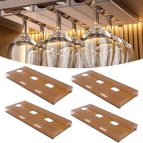 SAMSYOKI 4 Piezas Soporte para Copas de Vino Colgante, Estante Copas Vino Debajo Gabinete, Colgador Copas Sin Taladrar, Estante Colgar Copas Autoadhesivo para Hogar Bar Cocina Restaurante (Marrón)