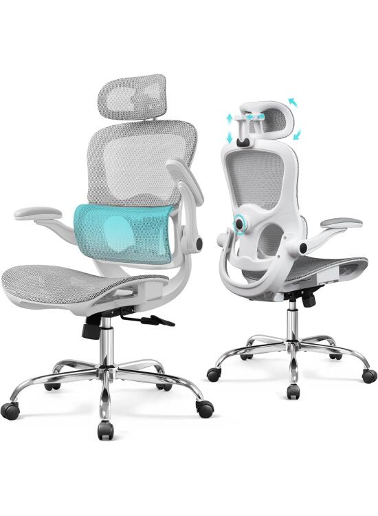 DEVAISE Silla de Oficina Ergonómica, Silla Ergonomica Escritorio con Reposacabezas 3D Ajustable, Reposabrazos Regulables, Respaldo Transpirable y Soporte Lumbar para Home Office, Blanco