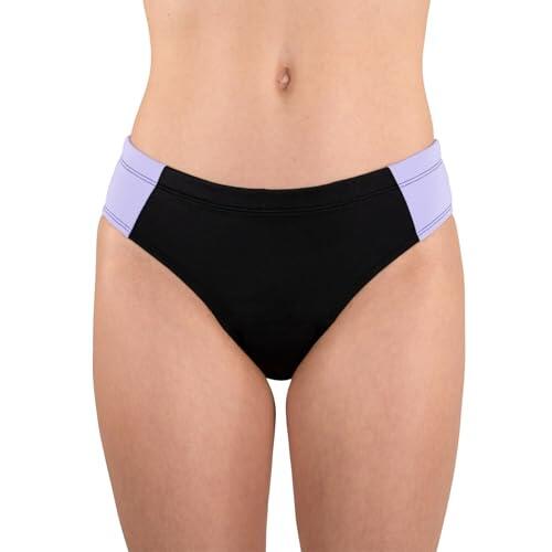 MYLILY Bañador Menstrual Niñas & Adolescentes | Corte Deportivo | Piscina, Mar, Playa, Verano & Vacaciones | Braga Mujer | 4 Tampones, Antifugas, Oeko-Tex, Vegana | Negro/Lila, 146/152