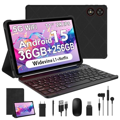 11 Pulgadas Android 15 Tablet, 5G WiFi, Octa-Core, 36GB RAM+256GB ROM (1TB TF), 2000x1200 FHD Display, Widevine L1/8+13MP/8000mAh/GMS/GPS, con Teclado+Ratón (Negro)