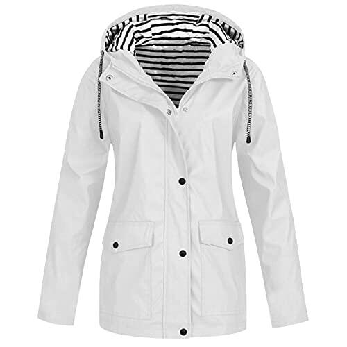 Generisch Chaqueta cortavientos para mujer con abrigo fijo, resistente al viento, impermeable, con bolsillos, chaqueta impermeable y transparente, Blanco, M