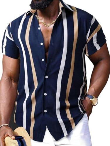 LIUHLFSR Camisas Vintage de Verano for Hombre, de Manga Corta a Rayas, Ropa Urbana de Gran tamaño, Ropa de diseñador for Hombre Adecuado para La Oficina, De Fiesta, De Viaje(Color1,XL)