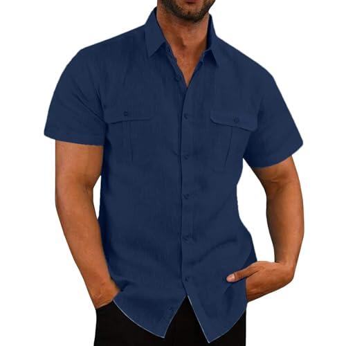 LIUHLFSR Camisas de Manga Corta for Hombre, de Verano, de Color Liso, con Cuello cómodo, Estilo Playero Informal, Tallas Grandes. Adecuado para La Oficina, De Fiesta, De Viaje(Deep Blue,XL)