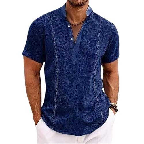 LIUHLFSR Camisas de Rayas de Verano for Hombre, Camisetas de Manga Corta con Cuello Alto y Botones, Ropa for Hombre, Camisetas Adecuado para La Oficina, De Fiesta, De Viaje(Deep Blue,L)