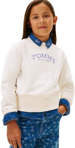 Tommy Hilfiger KG0KG08989 - Sudadera con Cuello Redondo y Dobladillo Acanalado Alto para niña, Color Blanco Antiguo, 16 años, Blanco (Blanco Antiguo), 16 años