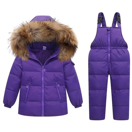 JiAmy Conjunto de 2 piezas de traje de nieve para niña, chaqueta acolchada con capucha y pantalones de nieve, traje de esquí ultraligero, Púrpura, 130/6-7 Years