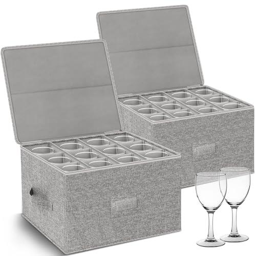 Kukikan Caja de almacenamiento para copas de vino, paquete de 2, cajas apilables con carcasa dura en la parte superior inferior, suministros de mudanza, contenedores de almacenamiento de China para 24