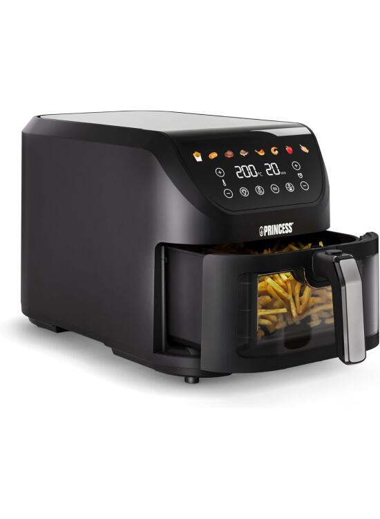 Princess SlimFry Airfryer, 8L Capacidad, 2000W, 8 Programas, Pantalla Táctil Digital, Termostato Ajustable, Ventana de Visualización, Apagado Automático, Cesta Lavable, 182257, Pilotos de color