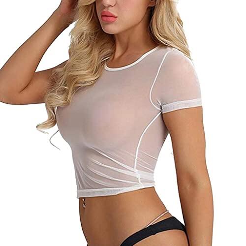 Mujer Camiseta de Manga Corta Transparente Sexy Crop Top Malla Cuello Redondo Camisetas Mesh Slim Fit Casual Camisas Blusas Chic Lencería T-Shirt Clubwear Bikini Cover Up (Blanco, XL)