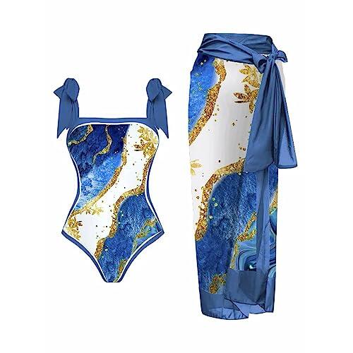 Generisch Trajes de baño modernos vintage de una pieza con estampado floral abstracto para nadadoras conscientes del estilo, azul, L