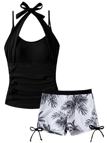 Happy Cherry Traje de baño para niña de 2 piezas, estilo tankini con tirantes, pantalones cortos de baño estampados con cordón, ropa de baño para niños, ropa de baño para adolescentes, vestido de
