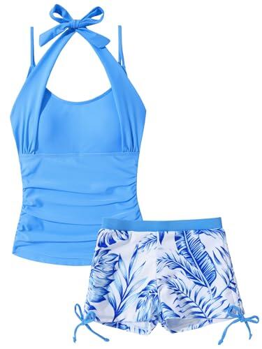 Happy Cherry - Traje de baño de 2 piezas para adolescente y niña, Tankini con tirantes y pantalones cortos impresos con cordones ajustables, conjunto de playa de piscina de 7 a 16 años, azul, 13-14