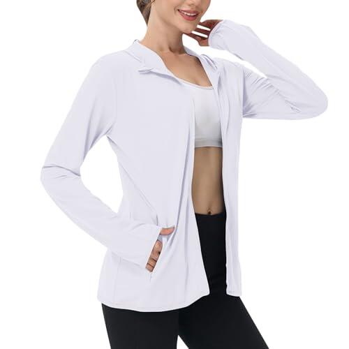 BFSWL Ropa de protección UV para mujer, chaqueta de manga larga de verano, transpirable, con capucha, protección solar, chaqueta deportiva, protección UV, camiseta deportiva, chaqueta para correr