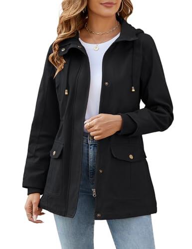 Vancavoo Chaqueta Entretiempo Mujer Cazadora Primavera Otoño Parka Algodón Casual Ligtweight Militar Chaqueta Cintura Alta Cordón Zip Up Capucha Abrigo,Negro,L