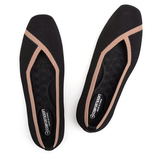 Frank Mully Zapatos planos planos para mujer con punta cuadrada, cómodos zapatos planos de punto, zapatos de trabajo para mujer, Negro , 39.5 EU