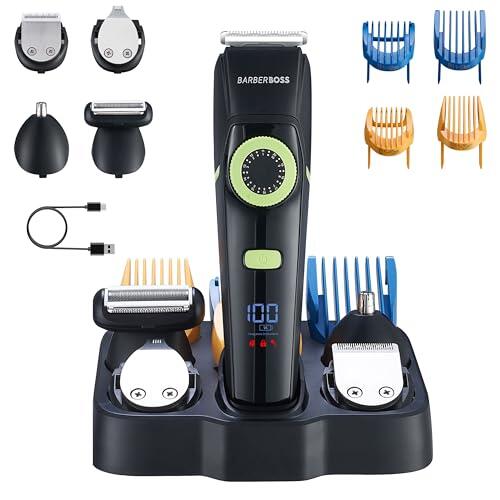 BarberBoss Cortapelos para hombre, kit de cuidado de barba, recortador de vello de orejas y nariz, dial de precisión, cuchilla de cerámica, 4 peines guía, resistente al agua, pantalla LED