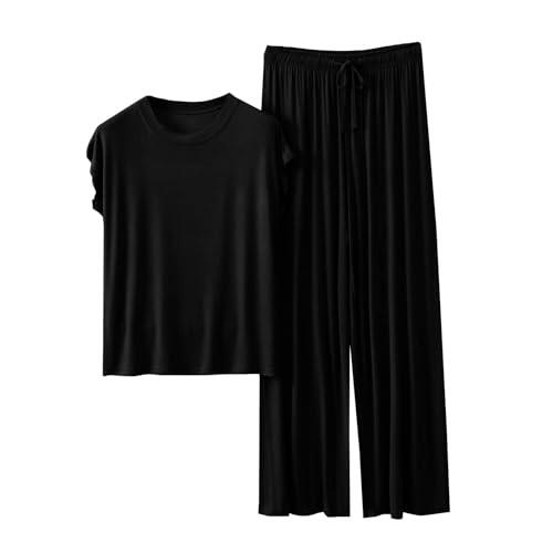Fccrian Conjunto de dos piezas para mujer, conjunto completo de ropa de descanso para mujer, casual, cuello redondo, manga casquillo y cordón elástico en la cintura con bolsillos, manga corta de