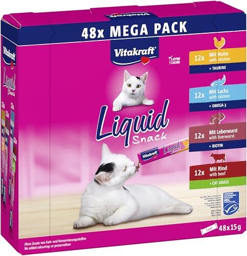 Vitakraft Liquid Snack, golosina gatos, Mega Pack, surtido fino (48x 15g) | snack cremoso, stick para lamer,bajo calorías,puro o topping,vacuno,pollo,salmón e hígado,sin azúcares añadidos,desde 3 meses
