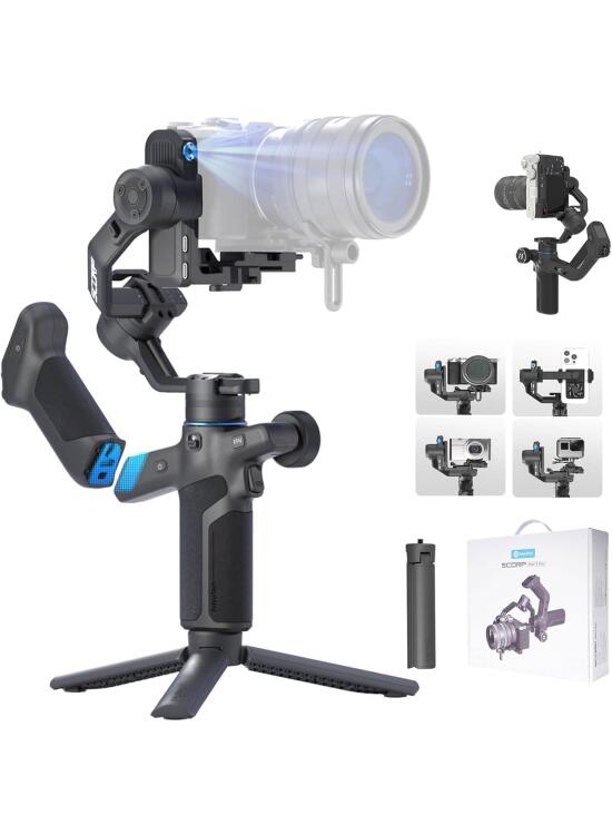 FeiyuTech SCORP Mini-3-Pro Estabilizador para cámaras sin Espejo Canon, Sony y Nikon, compactas y de acción, Smartphones, Seguimiento IA de 18m, Control Remoto Desmontable, Carga útil de 2 kg
