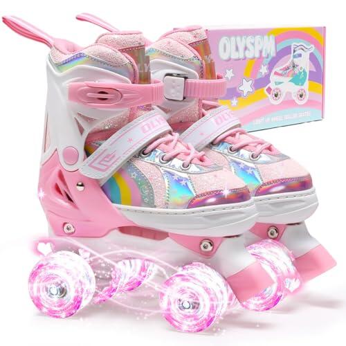 OLYSPM Patines 4 Ruedas niña niños 4 Tamaño Ajustable Ruedas iluminadas,Patines niña Principiantes, (Rosa Claro,M)