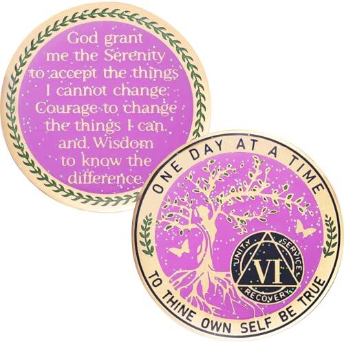 LParkin Moneda de sobriedad púrpura para mujeres, moneda de sobriedad del árbol de la vida, chips AA y medallones, regalos de sobriedad para mujeres, medallón anónimo de alcohólicos (6 años)