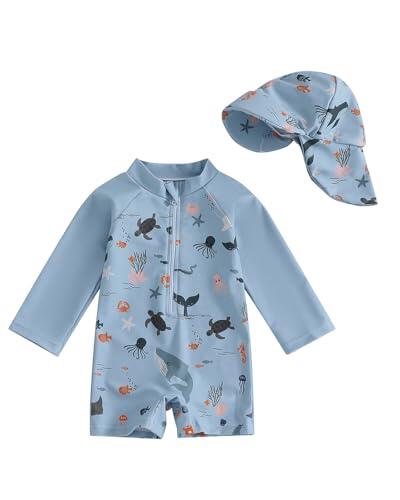 WYTbaby Traje de baño de una pieza para bebé, de manga larga, con sombrero para el sol, protección UV, gris., 6- 12 meses