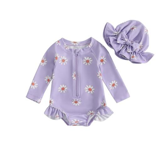 Carolilly - Traje de baño con estampado floral y gorro de sol para bebé y niña, morado, 9-12 Meses