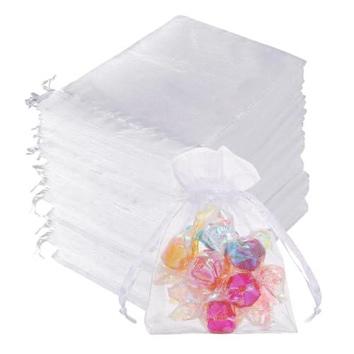 Quelcc 100 Piezas Bolsas de Organza, 7x9cm Bolsas Organza, Bolsitas de Tela Pequeñas Blancas para Bolsas Regalo con Cordón, Bolsita de Tul, Joyas, para Boda Favores Joyas y Dulces