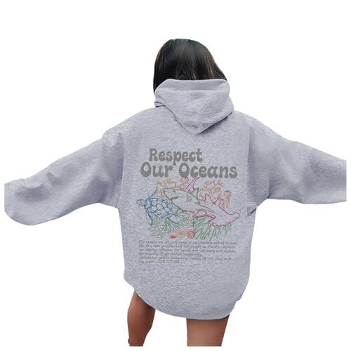 Generisch Sudadera de manga larga con cordón, con bolsillos, sudadera con capucha para mujer, talla grande, A1-light Grey, XXL
